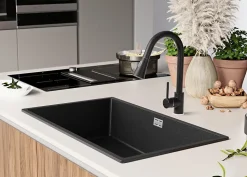 PRIMAGRAN Evier Cuisine en Granit Graphite 76x47cm, Lavabo 1 bac + Kit de Vidage, Évier à Encastrer au meuble 80cm - London Slim