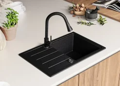 PRIMAGRAN Evier Cuisine en Granit Graphite 70x44cm, Lavabo 1 bac + Kit de Vidage + Accessoires, Évier à Encastrer au meuble 45cm