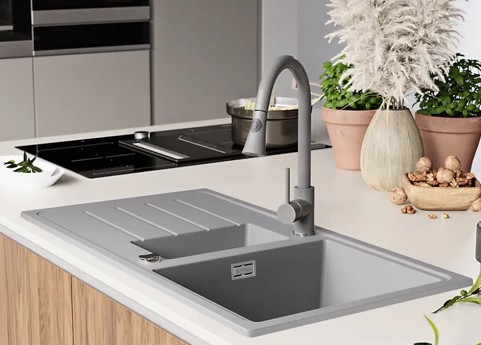 PRIMAGRAN Evier Cuisine en Granit Gris 90x50cm, Lavabo 1,5 bacs + Kit de Vidage + Accessoires, Évier à Encastrer au meuble 60cm