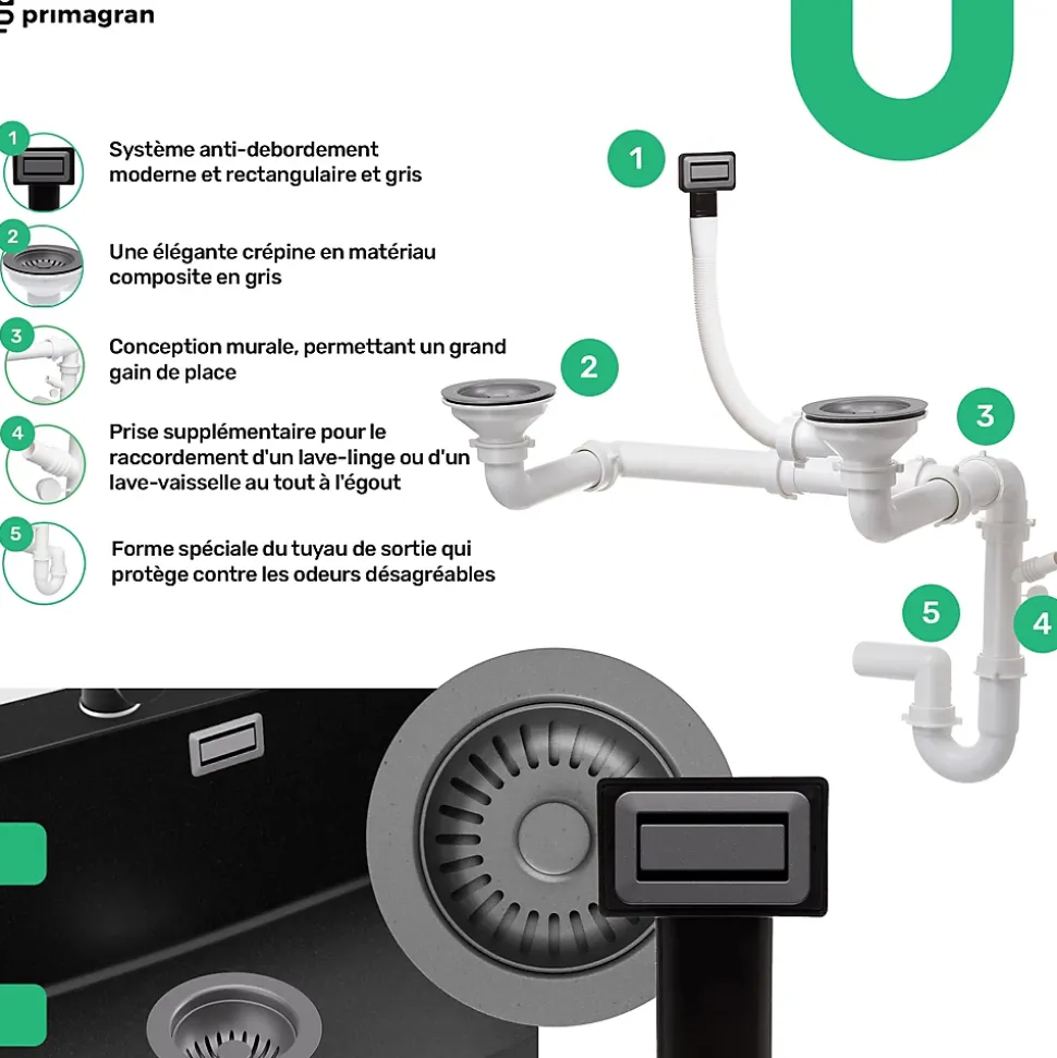 PRIMAGRAN Evier Cuisine en Granit Gris 90x50cm, Lavabo 1,5 bacs + Kit de Vidage + Accessoires, Évier à Encastrer au meuble 60cm