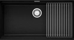 PRIMAGRAN Evier Cuisine en Granit Noir Métallisé 86x47cm, Lavabo 1 bac + Accessoires, Évier à Encastrer au meuble 90cm