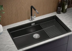 PRIMAGRAN Evier Cuisine en Granit Noir Métallisé 86x47cm, Lavabo 1 bac + Accessoires, Évier à Encastrer au meuble 90cm