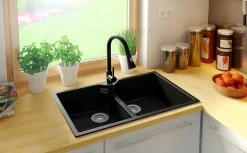 PRIMAGRAN Evier Cuisine en Granit Noir 78x50cm, Lavabo 2 bacs + Kit de Vidage, Évier à Encastrer au meuble 80cm - Madrid Twin