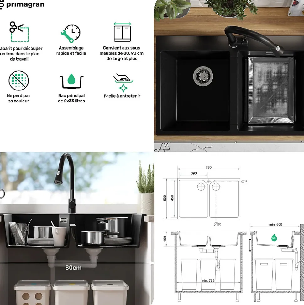 PRIMAGRAN Evier Cuisine en Granit Noir 78x50cm, Lavabo 2 bacs + Kit de Vidage, Évier à Encastrer au meuble 80cm - Madrid Twin