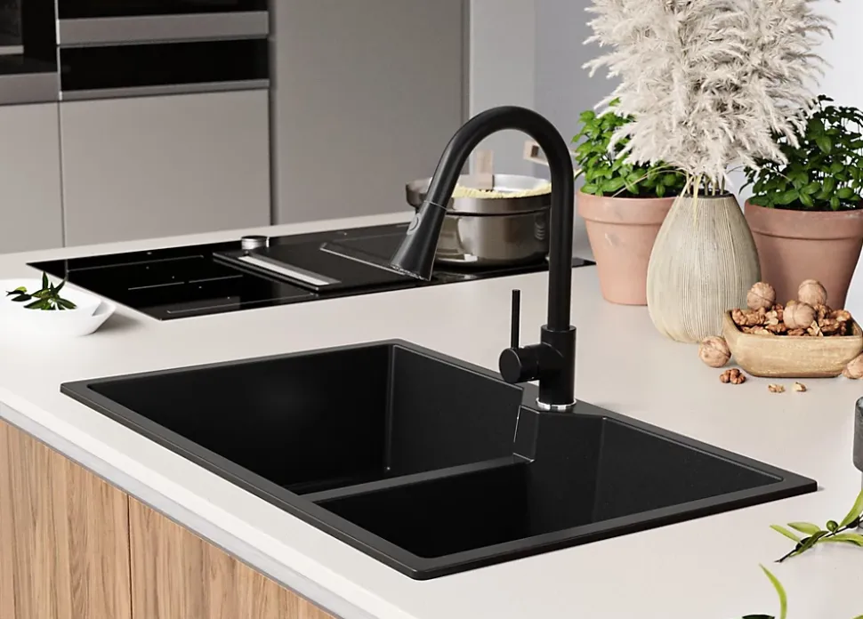 PRIMAGRAN Evier Cuisine en Granit Noir 78x50cm, Lavabo 2 bacs + Kit de Vidage, Évier à Encastrer au meuble 80cm - Madrid Twin