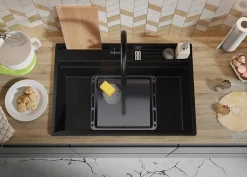 PRIMAGRAN Evier Cuisine en Granit Noir Métallisé 78x53cm, Lavabo 1 bac + Accessoires, Évier à Encastrer au meuble 80cm