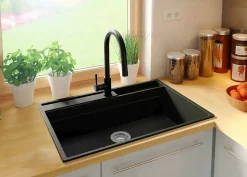 PRIMAGRAN Evier Cuisine en Granit Noir Métallisé 78x53cm, Lavabo 1 bac + Accessoires, Évier à Encastrer au meuble 80cm