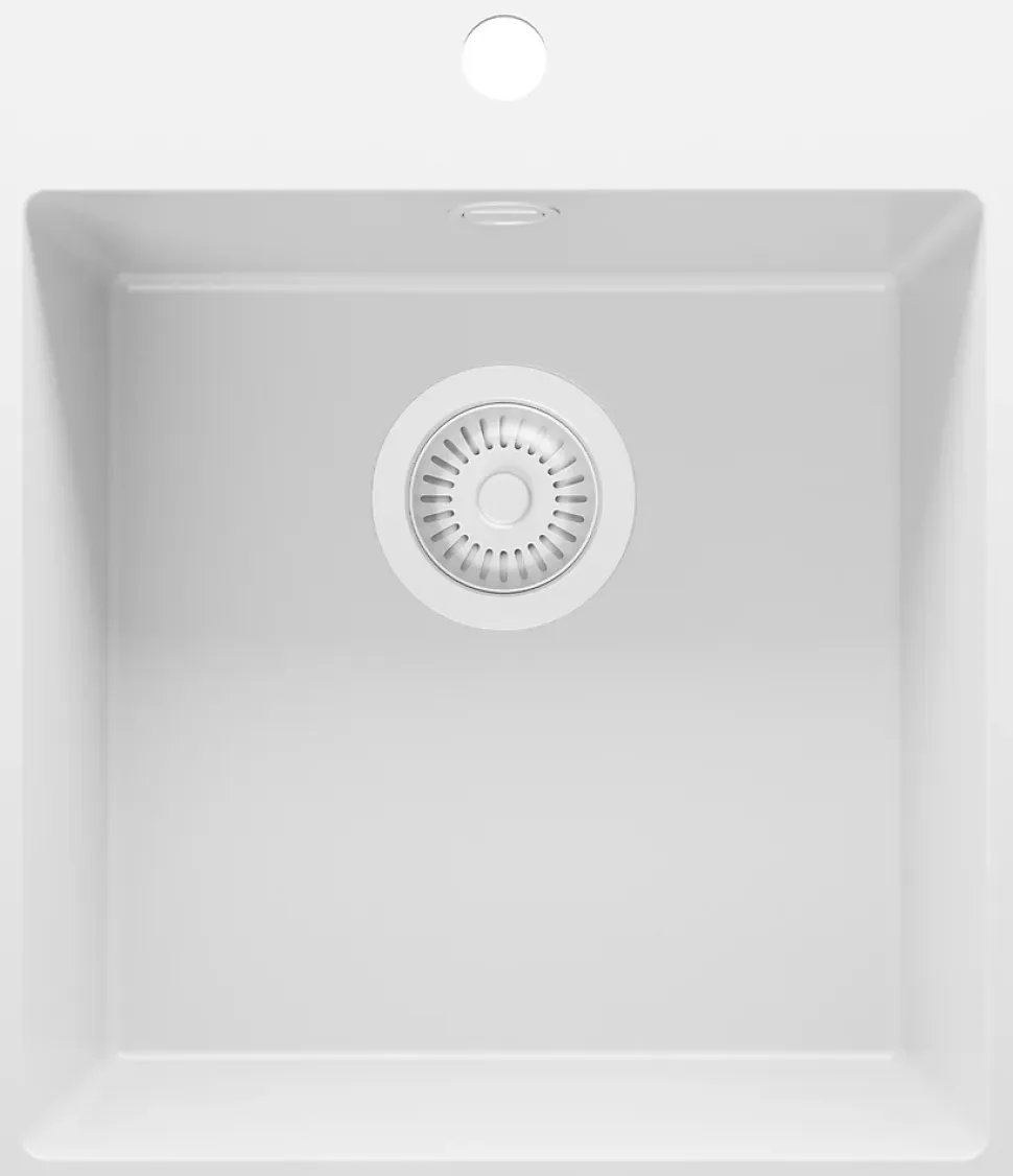 PRIMAGRAN Evier Cuisine en Granit Tout Blanc 43x50cm, Lavabo 1 bac + Kit de Vidage, Évier à Encastrer au meuble 45cm - Riga