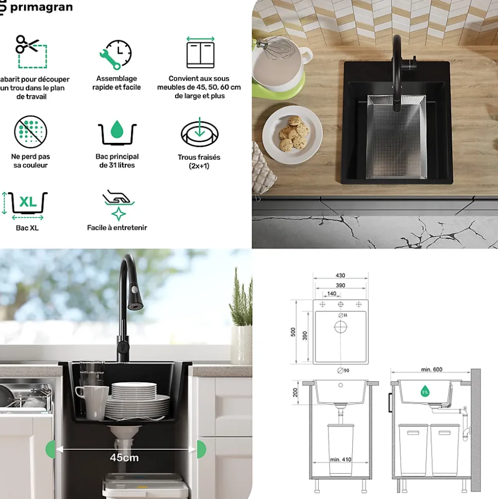 PRIMAGRAN Evier Cuisine en Granit Tout Blanc 43x50cm, Lavabo 1 bac + Kit de Vidage, Évier à Encastrer au meuble 45cm - Riga