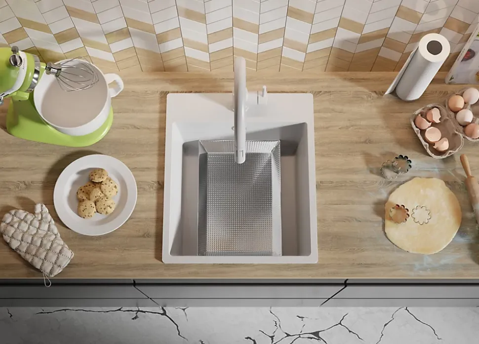 PRIMAGRAN Evier Cuisine en Granit Tout Blanc 43x50cm, Lavabo 1 bac + Kit de Vidage, Évier à Encastrer au meuble 45cm - Riga