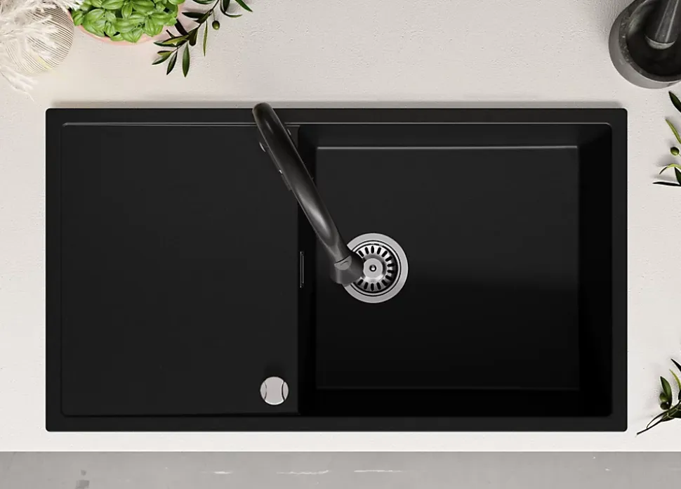 PRIMAGRAN Evier Cuisine en Granit Noir 90x50cm, Lavabo 1 bac + Kit de Vidage, Évier à Encastrer au meuble 60cm - Ibiza
