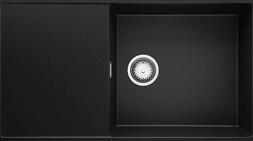 PRIMAGRAN Evier Cuisine en Granit Noir 90x50cm, Lavabo 1 bac + Kit de Vidage, Évier à Encastrer au meuble 60cm - Ibiza
