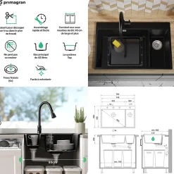 PRIMAGRAN Evier Cuisine en Granit Tout Noir 78x50cm, Lavabo 2 bacs + Accessoires, Évier à Encastrer au meuble 80cm