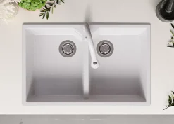 PRIMAGRAN Evier Cuisine en Granit Blanc 78x50cm, Lavabo 2 bacs + Kit de Vidage, Évier à Encastrer au meuble 80cm - Madrid Twin