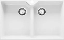 PRIMAGRAN Evier Cuisine en Granit Blanc 78x50cm, Lavabo 2 bacs + Kit de Vidage, Évier à Encastrer au meuble 80cm - Madrid Twin