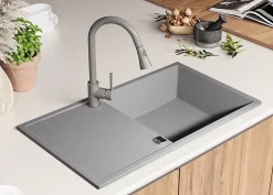PRIMAGRAN Evier Cuisine en Granit Gris 90x50cm, Lavabo 1 bac + Kit de Vidage + Accessoires, Évier à Encastrer au meuble 60cm