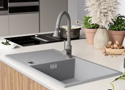 PRIMAGRAN Evier Cuisine en Granit Gris 90x50cm, Lavabo 1 bac + Kit de Vidage + Accessoires, Évier à Encastrer au meuble 60cm