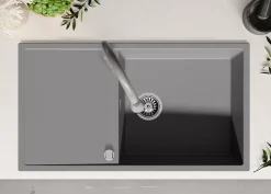 PRIMAGRAN Evier Cuisine en Granit Gris 90x50cm, Lavabo 1 bac + Kit de Vidage + Accessoires, Évier à Encastrer au meuble 60cm