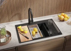 PRIMAGRAN Evier Cuisine en Granit Graphite 78x50cm, Lavabo 2 bacs + Kit de Vidage + Accessoires, Évier à Encastrer au meuble 80cm