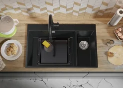 PRIMAGRAN Evier Cuisine en Granit Graphite 78x50cm, Lavabo 2 bacs + Kit de Vidage + Accessoires, Évier à Encastrer au meuble 80cm