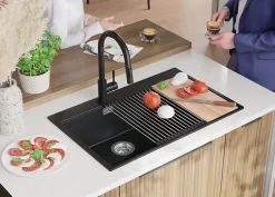 PRIMAGRAN Evier Cuisine en Granit Graphite 78x50cm, Lavabo 2 bacs + Kit de Vidage + Accessoires, Évier à Encastrer au meuble 80cm