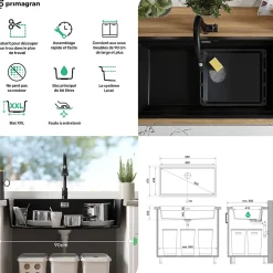 PRIMAGRAN Evier Cuisine en Granit Noir Métallisé 86x47cm, Lavabo 1 bac + Accessoires, Évier à Encastrer au meuble 90cm