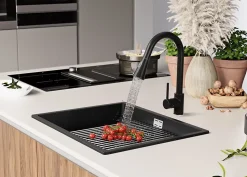 PRIMAGRAN Evier Cuisine en Granit Noir Métallisé 86x47cm, Lavabo 1 bac + Accessoires, Évier à Encastrer au meuble 90cm