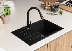 PRIMAGRAN Evier Cuisine en Granit Noir 70x44cm, Lavabo 1 bac + Kit de Vidage, Évier à Encastrer au meuble 45cm - Copenhague Easy