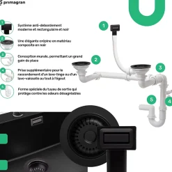 PRIMAGRAN Evier Cuisine en Granit Tout Noir 90x50cm, Lavabo 1,5 bacs + Accessoires, Évier à Encastrer au meuble 60cm