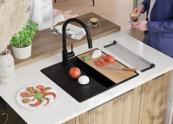 PRIMAGRAN Evier Cuisine en Granit Noir Métallisé 55x50cm, Lavabo 1 bac + Accessoires, Évier à Encastrer au meuble 40cm