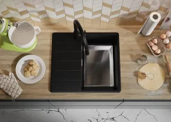 PRIMAGRAN Evier Cuisine en Granit Noir Métallisé 55x50cm, Lavabo 1 bac + Accessoires, Évier à Encastrer au meuble 40cm