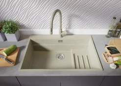 PRIMAGRAN Evier Cuisine en Granit Beige 78x53cm, Lavabo 1 bac + Kit de Vidage + Accessoires, Évier à Encastrer au meuble 80cm