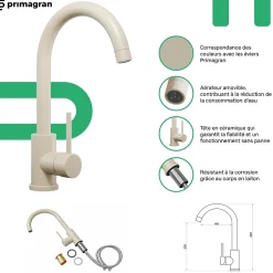 PRIMAGRAN Evier Cuisine en Granit Beige 78x53cm, Lavabo 1 bac + Kit de Vidage + Accessoires, Évier à Encastrer au meuble 80cm