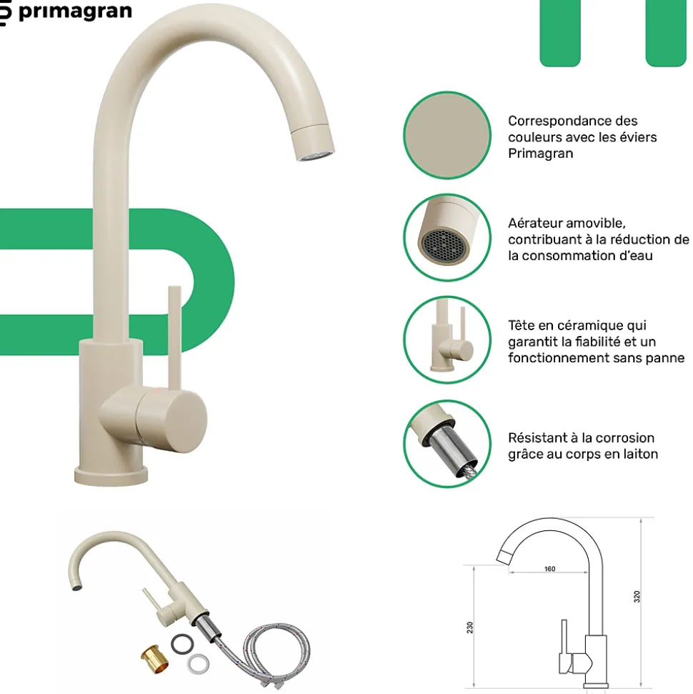 PRIMAGRAN Evier Cuisine en Granit Beige 78x53cm, Lavabo 1 bac + Kit de Vidage + Accessoires, Évier à Encastrer au meuble 80cm