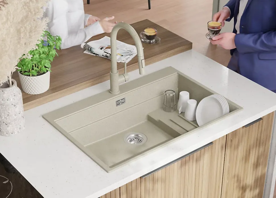 PRIMAGRAN Evier Cuisine en Granit Beige 78x53cm, Lavabo 1 bac + Kit de Vidage + Accessoires, Évier à Encastrer au meuble 80cm