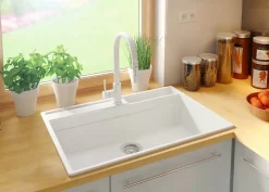 PRIMAGRAN Evier Cuisine en Granit Blanc 78x53cm, Lavabo 1 bac + Kit de Vidage + Accessoires, Évier à Encastrer au meuble 80cm