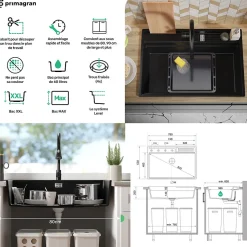 PRIMAGRAN Evier Cuisine en Granit Blanc 78x53cm, Lavabo 1 bac + Kit de Vidage + Accessoires, Évier à Encastrer au meuble 80cm