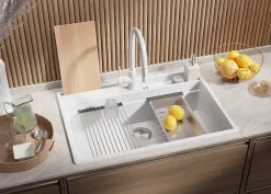 PRIMAGRAN Evier Cuisine en Granit Blanc 78x53cm, Lavabo 1 bac + Kit de Vidage + Accessoires, Évier à Encastrer au meuble 80cm