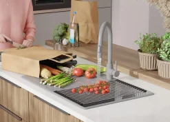 PRIMAGRAN Evier Cuisine en Granit Gris 78x50cm, Lavabo 1 bac + Kit de Vidage + Accessoires, Évier à Encastrer au meuble 45cm