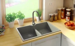 PRIMAGRAN Evier Cuisine en Granit Gris 78x50cm, Lavabo 2 bacs + Kit de Vidage, Évier à Encastrer au meuble 80cm - Madrid Twin