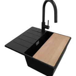 PRIMAGRAN Evier Cuisine en Granit Noir 55x50cm, Lavabo 1 bac + Kit de Vidage + Accessoires, Évier à Encastrer au meuble 40cm