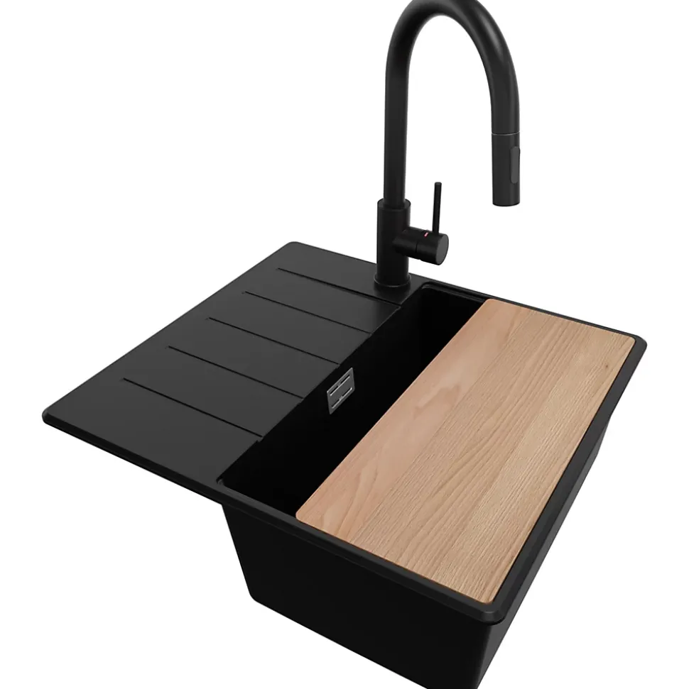 PRIMAGRAN Evier Cuisine en Granit Noir 55x50cm, Lavabo 1 bac + Kit de Vidage + Accessoires, Évier à Encastrer au meuble 40cm