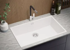 PRIMAGRAN Evier Cuisine en Granit Blanc 76x47cm, Lavabo 1 bac + Kit de Vidage, Évier à Encastrer au meuble 80cm - London Slim
