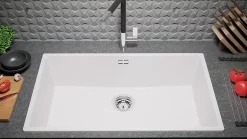 PRIMAGRAN Evier Cuisine en Granit Blanc 76x47cm, Lavabo 1 bac + Kit de Vidage, Évier à Encastrer au meuble 80cm - London Slim