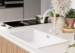 PRIMAGRAN Evier Cuisine en Granit Blanc 76x47cm, Lavabo 1 bac + Kit de Vidage, Évier à Encastrer au meuble 80cm - London Slim