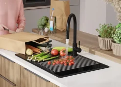 PRIMAGRAN Evier Cuisine en Granit Noir Métallisé 78x50cm, Lavabo 1 bac + Accessoires, Évier à Encastrer au meuble 50cm