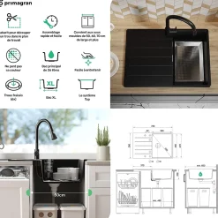 PRIMAGRAN Evier Cuisine en Granit Noir Métallisé 78x50cm, Lavabo 1 bac + Accessoires, Évier à Encastrer au meuble 50cm