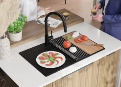 PRIMAGRAN Evier Cuisine en Granit Noir Métallisé 78x50cm, Lavabo 1 bac + Accessoires, Évier à Encastrer au meuble 50cm