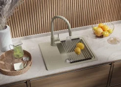 PRIMAGRAN Evier Cuisine en Granit Beige 55x44cm, Lavabo 1 bac + Kit de Vidage, Évier à Encastrer au meuble 45cm - Copenhague Easy