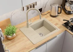 PRIMAGRAN Evier Cuisine en Granit Beige 55x44cm, Lavabo 1 bac + Kit de Vidage, Évier à Encastrer au meuble 45cm - Copenhague Easy